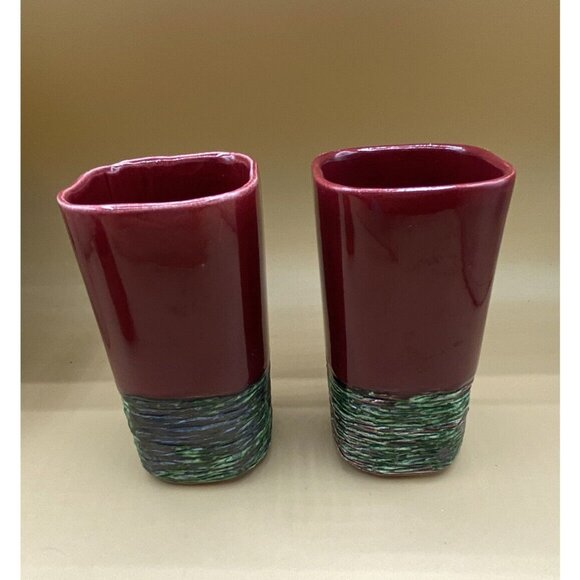 Mid Century Aborn California Pottery 5.5” Red Tree Bark Vase R-1 LOT 2 Matching - Picture 7 of 12